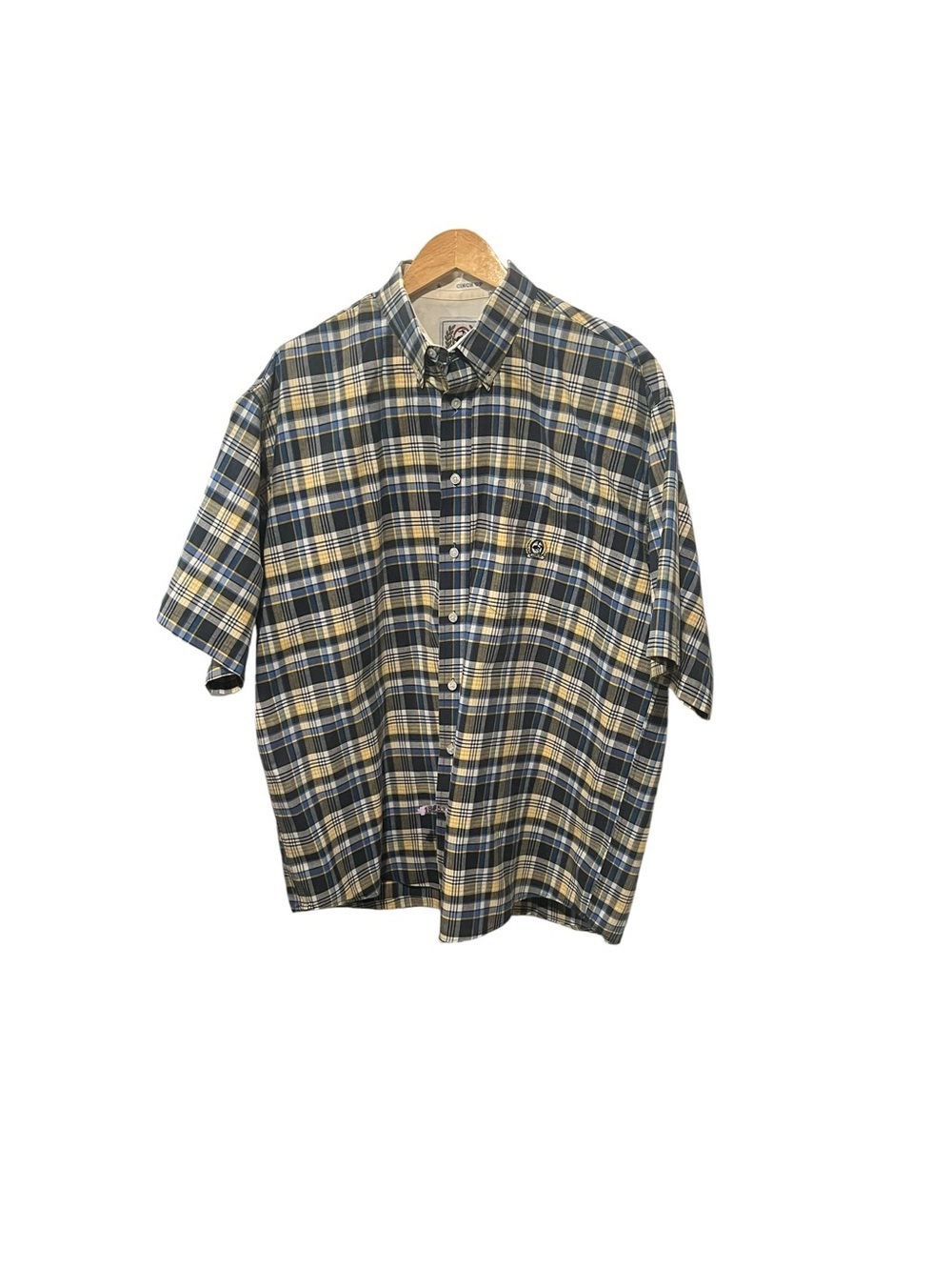 Cinch Blue Yellow Pattern Button Down Short Sleeve Shirt 100% Cotton XL